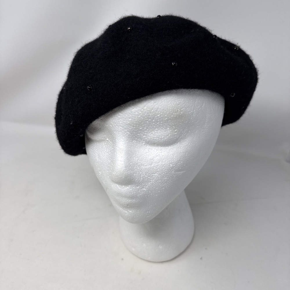 Kathy Jeanne Beret Wool Beanie Tam Hat Black Beaded